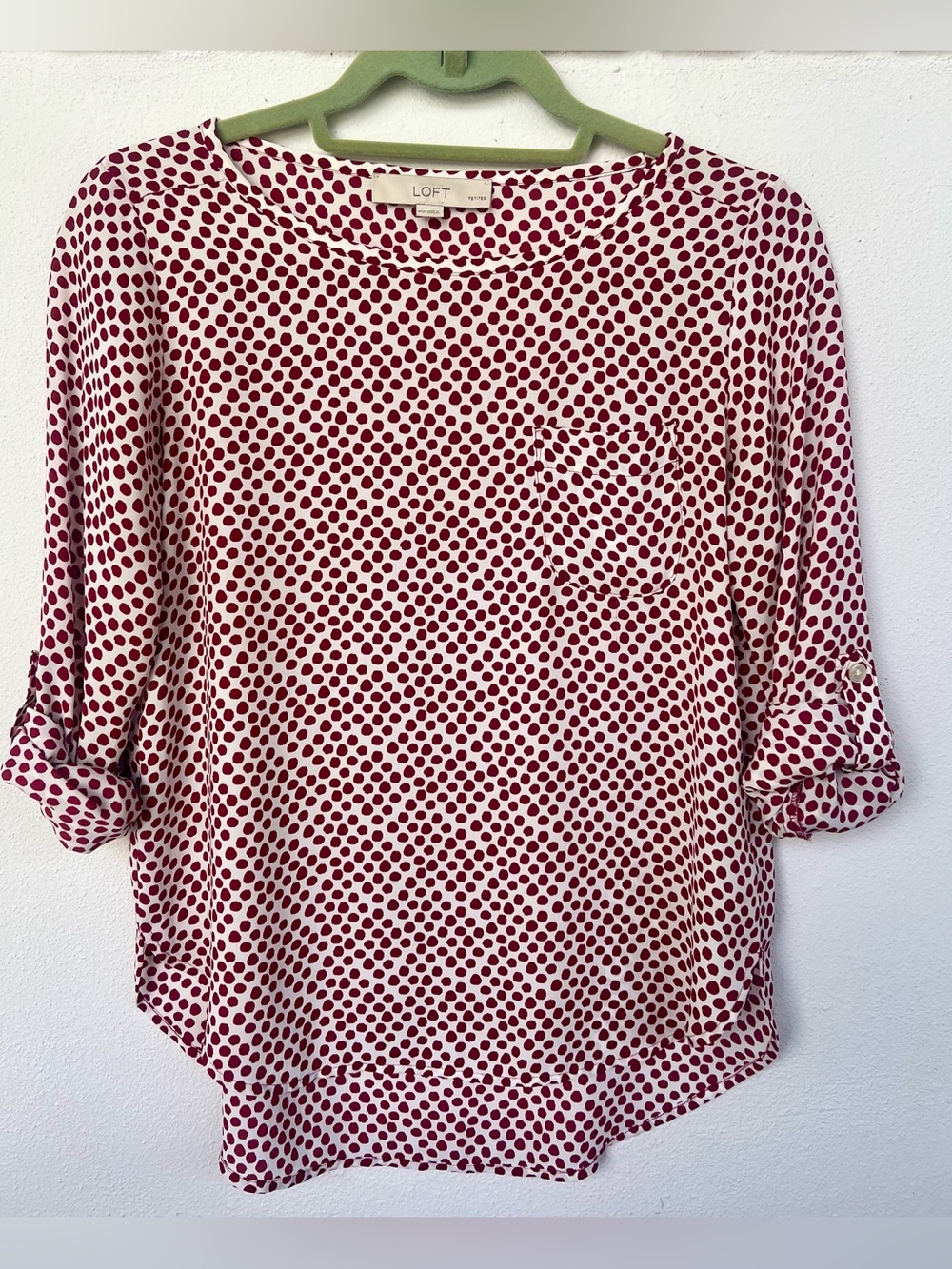 LOFT White Blouse with Burgundy Dot Print